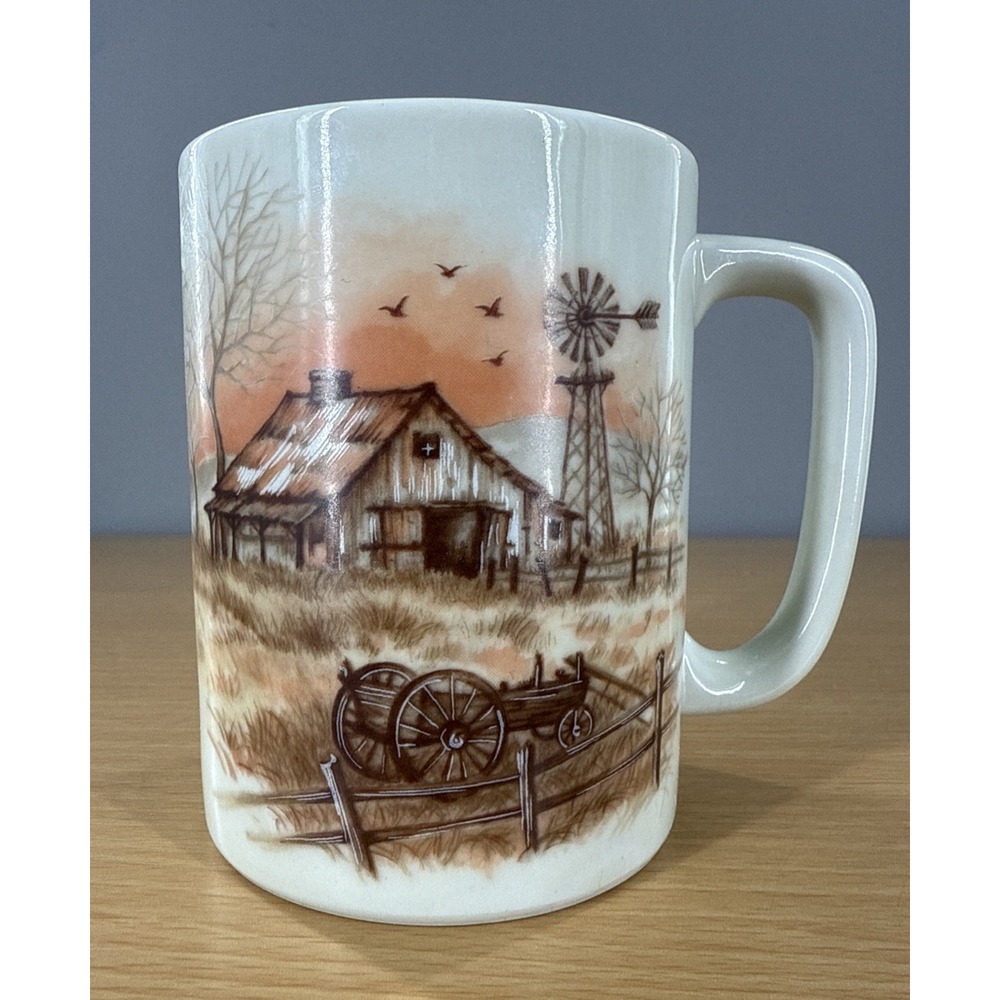 Vintage Otagiri Stoneware Mug Embossed Country Barn Windmill Farm Cabin Cup‎